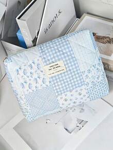1pc/Set Blue Patchwork Pattern Makeup Bag, Fashionable Large Capacity Multi-Compartment Women's Handbag, Multi-Functional Travel Toiletry Bag, Storage Bag, Organizer Bag For Cosmetics, Makeup Tools And Other Items, Holiday Gift Souvenir - Blue - View 7