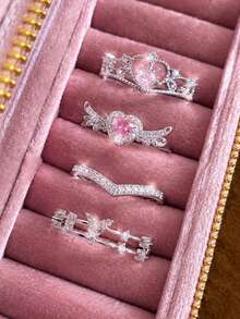 4pcs Set Premium Elegant Fashion Exquisite Shiny Unique Crown Heart Butterfly Geometric Copper Inlaid Zirconia Pink Diamond Ring Set For Women Daily Wear Holiday Party Jewelry - Multicolor - View 2