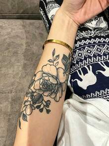7pcs Herbal Temporary Tattoo Sticker, Black‑White Line Drawing Rose Floral Pattern, Realistic Fake Tattoo Design, Suitable For Daily Wear, Bachelorette Party Favors, Music Festivals, Game Events, Graduation Gifts, Lasts 7‑14 Days - Black - View 8