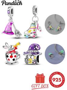 1pc S925 Sterling Silver Fantasy Fairy Tale Pendant Bead, Glow-In-The-Dark Witch House, Purple Magic Hat Broom, Rainbow Roller Skates, Teacup Rabbit Enamel Rhinestone Design, Dreamy Childlike Style, Comes With Gift Box, Suitable For Bracelets And Necklaces, Handmade DIY Jewelry Making, Creative Holiday Gift Accessory For Girls - Multicolor - View 1