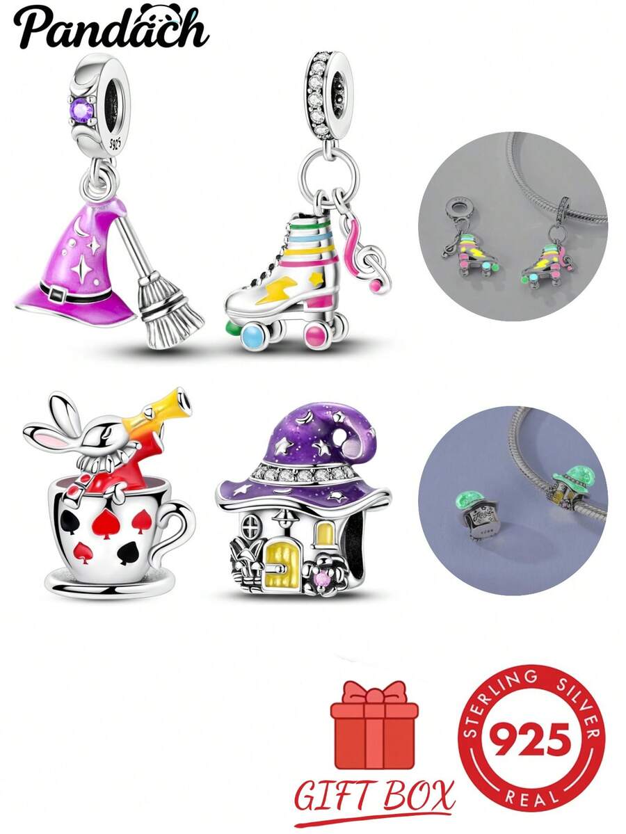 1pc S925 Sterling Silver Fantasy Fairy Tale Pendant Bead, Glow-In-The-Dark Witch House, Purple Magic Hat Broom, Rainbow Roller Skates, Teacup Rabbit Enamel Rhinestone Design, Dreamy Childlike Style, Comes With Gift Box, Suitable For Bracelets And Necklaces, Handmade DIY Jewelry Making, Creative Holiday Gift Accessory For Girls - Multicolor - View 1