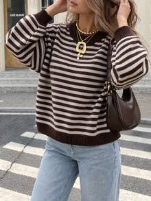 Women's Autumn/Winter Valentine's Day Cute Casual Brown & White Colorblock Striped Pattern Loose Crew Neck Long Sleeve Sweater, Basic Sweater, Business Casual Women's Wear, Autumn Tops, Autumn Sweaters, Women's Winter Clothing, Women's Autumn/Winter Apparel - Multicolor - View 6