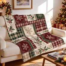 1pc Christmas Patchwork Plaid Flannel Blanket, Holly Berry Pine Cone Snowflake Print Soft Comfortable Blanket, Single-Sided Printed Blanket, Christmas Holiday Home Decor Throw Blanket - Multicolor - View 1