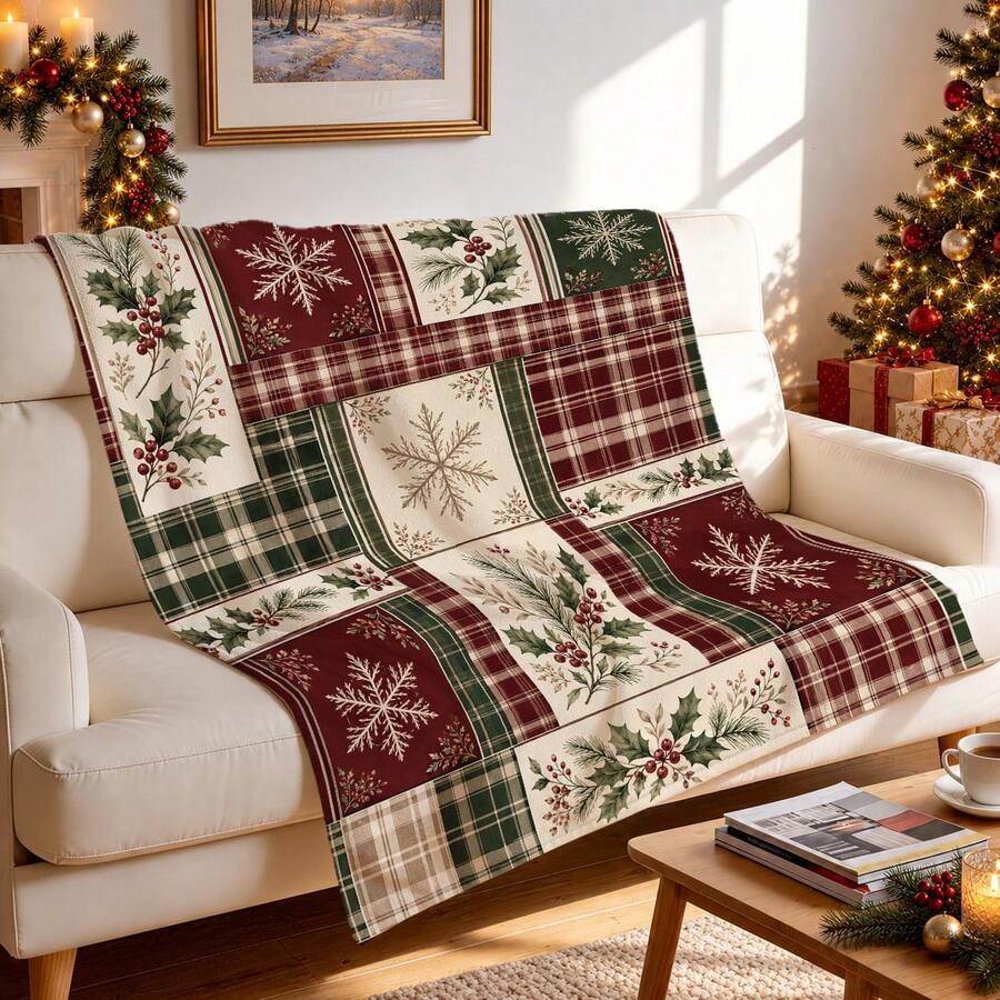 1pc Christmas Patchwork Plaid Flannel Blanket, Holly Berry Pine Cone Snowflake Print Soft Comfortable Blanket, Single-Sided Printed Blanket, Christmas Holiday Home Decor Throw Blanket - Multicolor - View 1