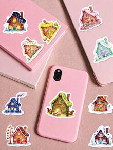 56Pcs Colorful Healing Candy House Stickers, Fantasy Houses With Dripping Frosting Texture, Fairy‑Tale Motifs Decorated With Flowers And Small Animals, For Bike, Books, Journal, Tumbler, Desktop Organizer, Skateboard, Document Box Decoration - Multicolor - View 3