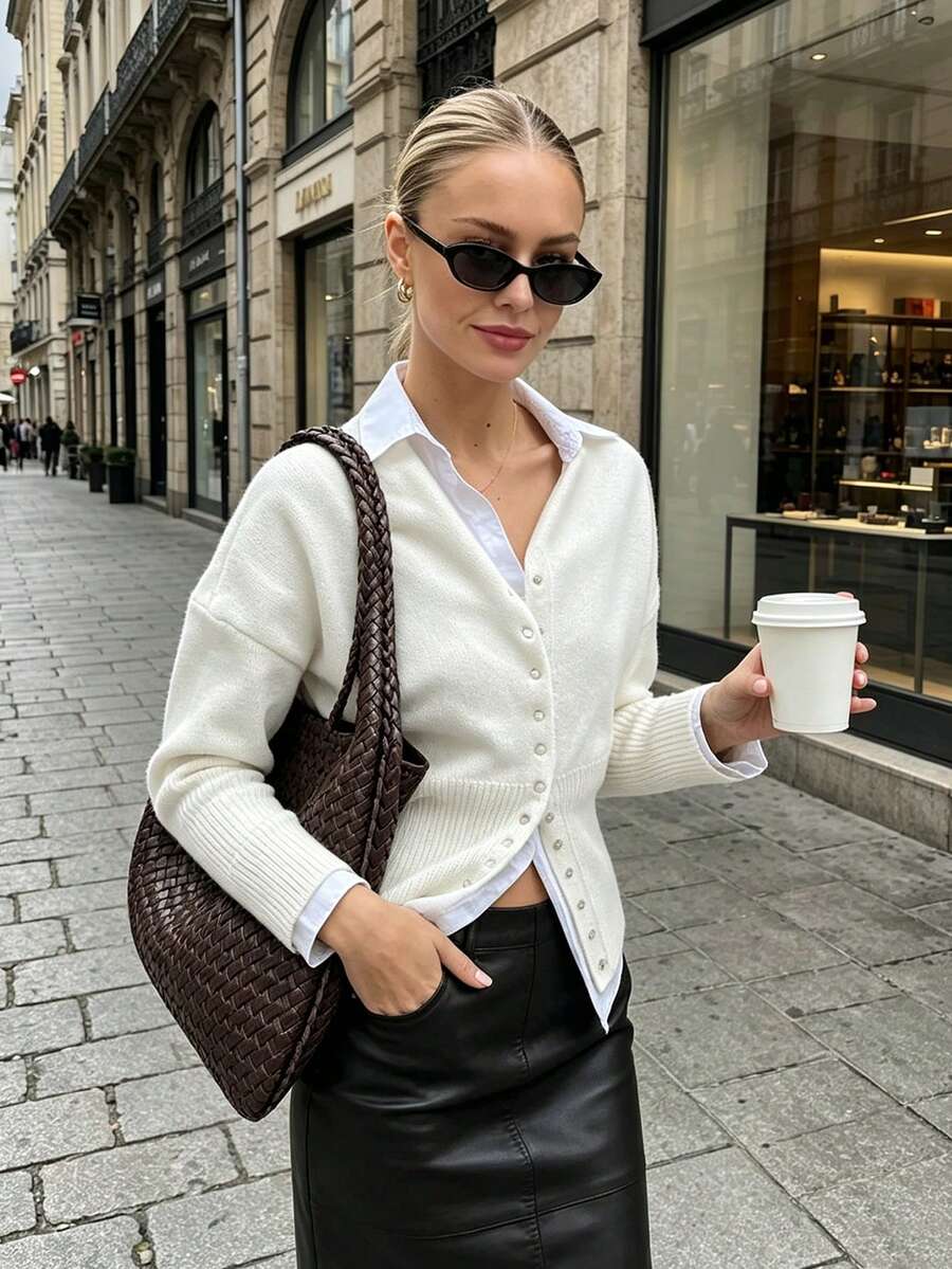 Women's Drop Shoulder Round Neck Buttoned Ribbed Waist Fashion Casual Commute Wear Solid Color Long Sleeve Knit Sweater Cardigan Outfit, Fall Winter - Beige - View 1