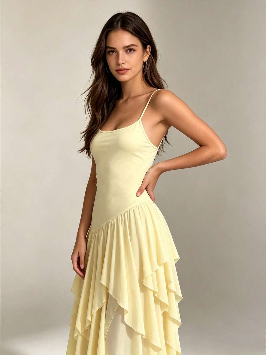 Gaun Midi Rajut Elegan untuk Wanita dengan Tali Bahu Tipis, Hem Asimetris dan Desain Tanpa Punggung, Sempurna untuk Pesta Koktail - Kuning muda - View 1