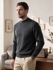 Men's Crew Neck Long Sleeve Solid Color Minimalist Casual Knit Sweater, Lightweight For Autumn/Winter - Dark Grey - View 3