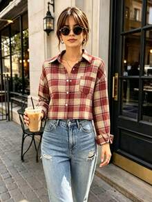 Women's Autumn/Winter Brushed Short Plaid Shirt - Red - View 8