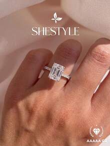 1pc Shiny Rectangular Diamond Engagement Ring/Wedding Ring, Women's Promise Ring/Eternity Ring, Exquisite Jewelry Gift - Silver - View 6