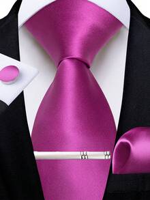 Men's 4-Piece Tie Set, Bright Rose Pink Solid Color, Handkerchief, Silver Cufflinks, Tie Clip, Business Commute Formal Outfit - Rusty Rose - View 1