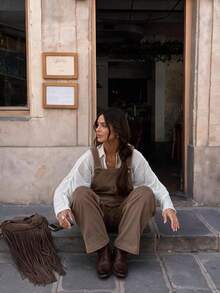 Women's Khaki Corduroy Overalls, Adjustable Shoulder Straps Wide Leg Jumpsuit With Front Pockets, Suitable For Autumn And Casual Daily Wear - Brown - View 5