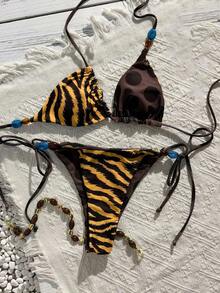 Women's Swimwear Bikini, Retro Animal Print Polka Dot Print Reversible Outfit Y2k Streetwear/Vacation Outfits/Beachwear Summer - Multicolor - View 2