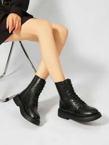 Women's Faux Soft Leather Lace-Up Ankle Boots Round Toe Platform Thick Sole Side Zipper Non-Slip Outsole Black Workwear Fashion Boots - Black - View 5