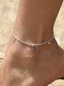 S925 Sterling Silver O-Ring Chain Anklet With Yellow Star & Blue Teardrop Zirconia Pendant, Gentle Beach Vacation Style Adjustable Versatile Foot Jewelry - Multicolor - View 1