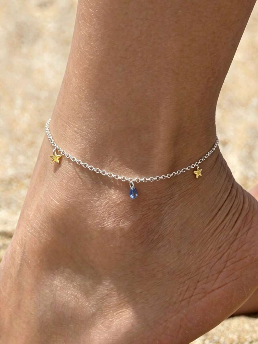 S925 Sterling Silver O-Ring Chain Anklet With Yellow Star & Blue Teardrop Zirconia Pendant, Gentle Beach Vacation Style Adjustable Versatile Foot Jewelry - Multicolor - View 1
