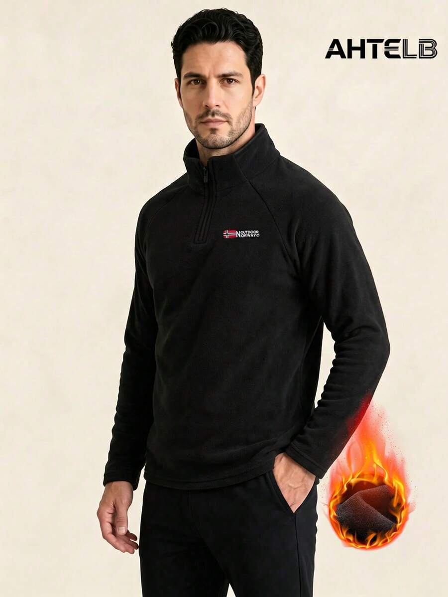 AHTELB Men's Outdoor Functional Half-Zip Stand Collar Fleece Pullover, Exquisite Embroidered Letter Sports Sweatshirt - Black - View 1