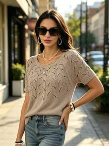 Women Solid Color Casual Minimalist Slim-Fit Crew Neck Short Sleeve Knit Sweater Spring - Apricot - View 1