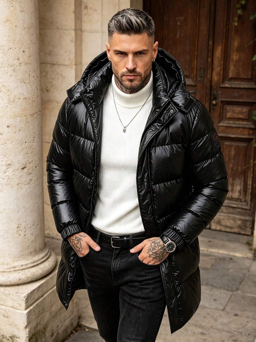 Men's Winter Solid Color Minimalist Detachable Hooded Glossy Mid-Length Padded Coat - Black - View 1