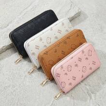 Sweet Girl Style Bow & Bear Print Long Wallet, Practical Multi-Function Zipper Clutch, Large Capacity Card Holder, Pink, Beige, Black, Brown, Gift For Women - Multicolor - View 2