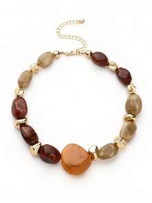 Ashenrae 1pc Fashionable Vintage Exaggerated Bohemian Style Thick Brown Acrylic Beaded Necklace For Women - Multicolor a - View 3