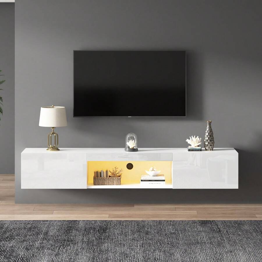 Modern Luxury Style TV Cabinet / Versatile Design TV Cabinet / Space-Saving / With LED Lighting / Easy Installation / Load Capacity: 30 Kg / Suitable For Bedroom, Workspace / 160*31*22cm White - White - View 1