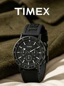 Timex Men's All Black Chronograph Watch, Three Sub-Dials, Date Display, Tachymeter, Quartz Movement, Textured Silicone Strap, Street Racing Party, Gift For Husband And Friends - Black - View 2