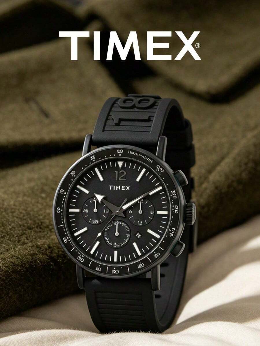 Timex Men's All Black Chronograph Watch, Three Sub-Dials, Date Display, Tachymeter, Quartz Movement, Textured Silicone Strap, Street Racing Party, Gift For Husband And Friends - Black - View 1