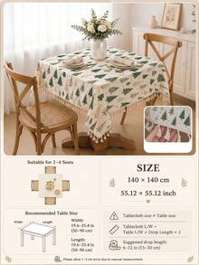 1pc Simple Pastoral Style Green Christmas Tree Pattern Tassel Lace Tablecloth, Single-Sided Printed Polyester Cotton Material, Winter Christmas Festival Atmosphere Rectangular, Square, Round Home Decor Dining Table Cloth, Suitable For Various Occasions Including Family Daily Activities, Birthday Parties, Holiday Gatherings Restaurant Tabletop Decoration - Multicolor - View 12