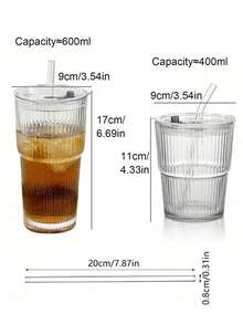 Transparent Glass Cup Striped Coffee Cup With Straw And Lid Simple Style Coffee Cups Large Capacity Glass Water Bottle Portable Outdoor Water Cup For Home Office Parties Autumn Winter Drinkware Home Decor - Multicolor - View 10