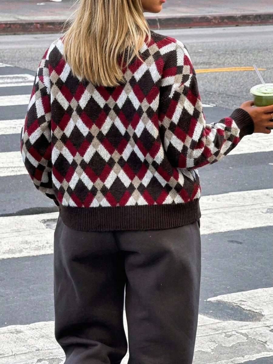 Women Argyle Print Crew Neck Drop Shoulder Knit Sweater, Casual Loose Long Sleeve Pullover Jumper For Fall Winter - Multicolor - View 1