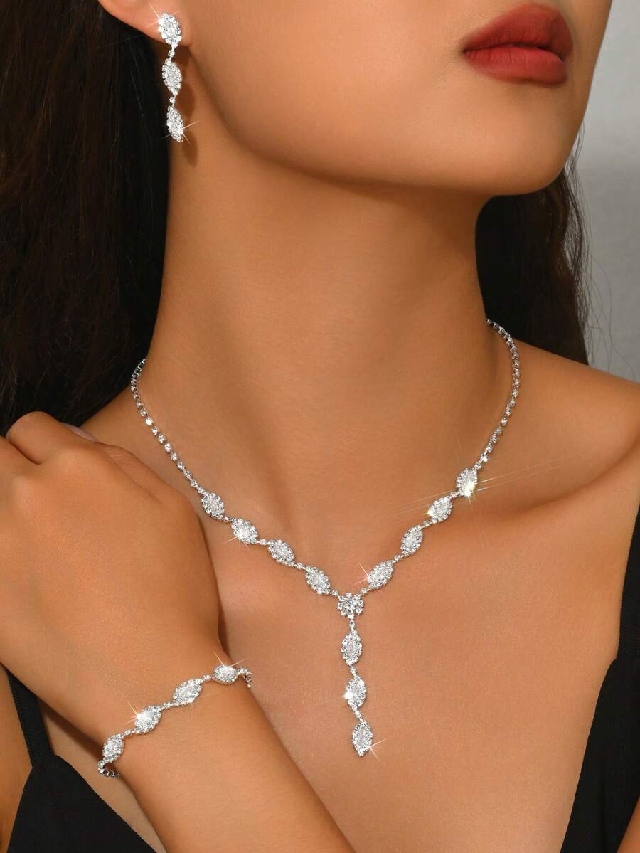 1 Set Women's Rhinestone Jewelry Silver Oval Crystal Necklace, Earrings, Bracelet, Suitable For Bride, Evening Party - Silver-n1185 - View 1