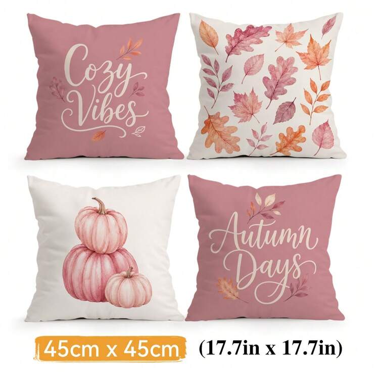 4pcs/1pc Autumn Pink Pumpkin & Maple Leaf Pattern Pillow Covers, Single-Sided Printed Cushion Cases Without Inserts, Suitable For Living Room Bedroom Home Decor, All Season Use - Multicolor - View 13