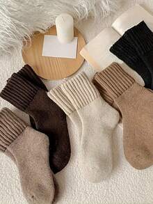 5 Pairs/1 Pair Comfortable Thick Fleece Mid-Calf Socks, Elastic Ribbed Knit Winter Socks With Earth Tone Terry Lining, Suitable For Boots Indoor And Outdoor Wear, Random Color, 10 Pieces (Note: 2 Pieces = 1 Pair) - Multicolor - View 5