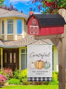 1PC Customizable Family Name Autumn Thanksgiving Garden Flag, Watercolor Pumpkin Black & White Plaid Patchwork Illustration Wall Decor, Linen Double-Sided Yard Decorative Flag, Harvest Thanksgiving Outdoor Yard Balcony Home Decor Hanging Flag (Flag Pole Not Included) - Multicolor - View 3