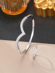 1 Set V-Shaped Cubic Zirconia Women's Bracelet & Ring Set, Gold/Silver Color Optional, Suitable For Banquet And Party Wear - Arrow SZ - View 3