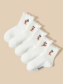 Disney Socks/Mickey Mouse 5 Pairs All-Season Kids Ruffled Edge School Socks, Simple Playful Cartoon Mickey Mouse Pattern Decoration, Fashionable Personalized Soft Breathable Comfortable Moisture-Wicking Odor-Resistant Sports Socks/Ruffled Mid-Calf Socks, Casual Versatile Suitable For Travel/School Wear/Daily Wear/Sports Wear - Multicolor - View 2