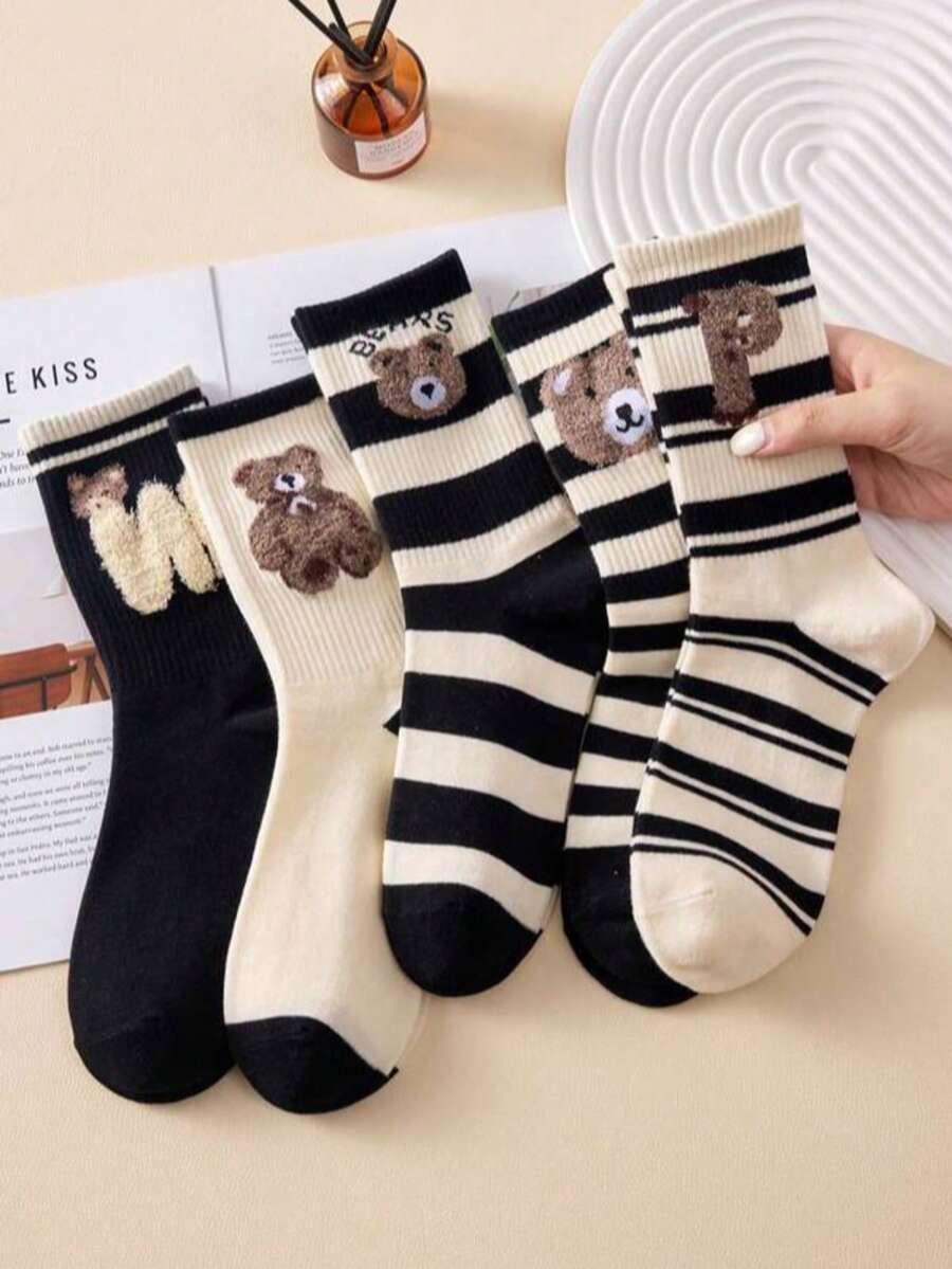 3/5 Pairs Women Sport Cute Bear & Striped Pattern Feather Mesh Mid-Calf Socks, Non-Slip Crew Socks, Suitable For All Seasonsr, For Home, Commute, Date, School, Holiday Gifts,Random Colors - Multicolor - View 1