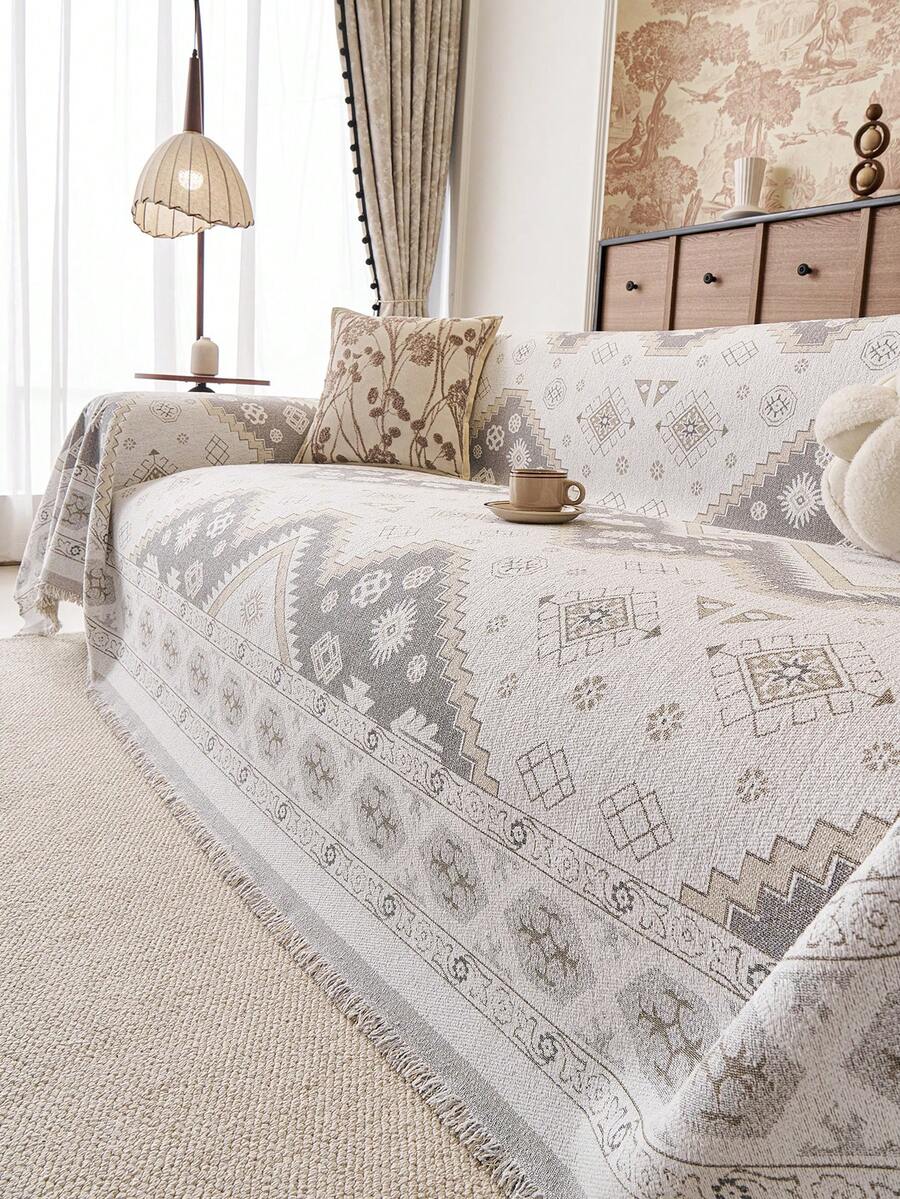 1pc Bohemian Geometric Tassel Sofa Throw, Universal Full Coverage Sofa Cover, Machine Washable Pet-Friendly Furniture Protector, Suitable For Living Room - Grey - View 1