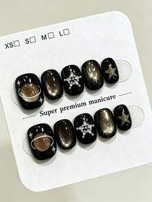 10 pcs Kuku Palsu Tempel Oval Pendek Hitam Buatan Tangan Murni, Gaya Keren Vintage Y2K, Glitter Mata Kucing Hitam-Emas, Motif Planet Bintang & Hiasan Kristal Bunga Rhinestone untuk Wanita dan Anak Perempuan, Penggunaan Festival Pesta dan Kehidupan Sehari-hari Musim Semi Panas Gugur Dingin - Hitam - View 3