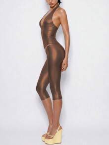 New Years Women Outfit Sexy Halter Neck Bodycon Metallic Bra-Top And Capri Leggings Two Pieces Set With Medium Stretch For A Daring Look - Brown - View 2