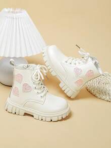 Girls Sweet Heart Decor Ankle Boots, Glitter Heart Applique Lace-Up Side Zipper Thick Sole Non-Slip Mid-Calf Boots - Beige - View 6