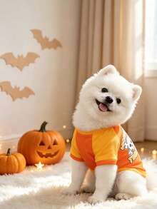 Pet Halloween Funny T-Shirt Orange & Yellow Color Block Dog Raglan Tee Dog Mesh T-Shirt Skull Print Small Dog Pomeranian Teddy Spring Summer Top Bichon Teddy Pomeranian Teddy Spring Summer Skull Print Top - Coral Orange - View 4