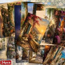 24pcs+A Red Envelope Romantic Holiday Postcards, Exquisite Landscape Patterns With Blessing Text, Suitable For Friends, Seasonal Greetings, Artistic Oil Painting Style - Sets - View 9