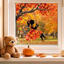 1pc Autumn Maple Leaf Swinging Skirt Window Sticker, Silhouette Tree Falling Leaves Butterfly Autumn Sticker, Removable Window Sticker, Autumn Harvest Thanksgiving Home Decor Sticker - 1PC - View 2