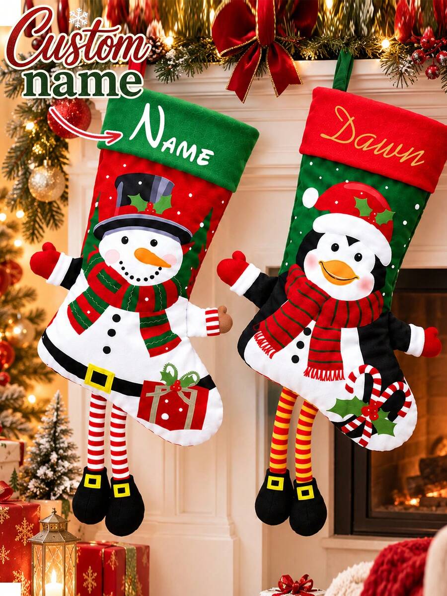 Custom Name Long Leg Christmas Stocking, Festive Fireplace Mantel Gift Sock, Personalized Xmas Tree Hanging Decor, Cute Holiday Decoration, Customized Seasonal Keepsake, Customizable Christmas Gift For Home, Home Christmas Decorations - Multicolor - View 1