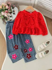 2pcs Girls Pastoral Mori Style Big Bow Decor Ruffle Hem Jacquard Top & Floral Embroidery Straight Leg Denim Jeans Versatile Casual Outfit Spring Autumn - Red - View 3