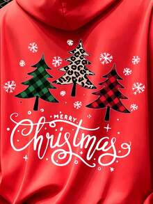 New Christmas Tree Print Plus Size Women's Sweatshirt, Casual Fashion Sweatshirt With Pockets, Autumn/Winter Sweatshirt, Comfortable Style With Pattern Top, Comfortable Top, Suitable For Spring/Autumn/Winter School/Sports/Outdoor Activities, Versatile Sweatshirt, Comfortable And Versatile For Daily Wear - Red - View 2