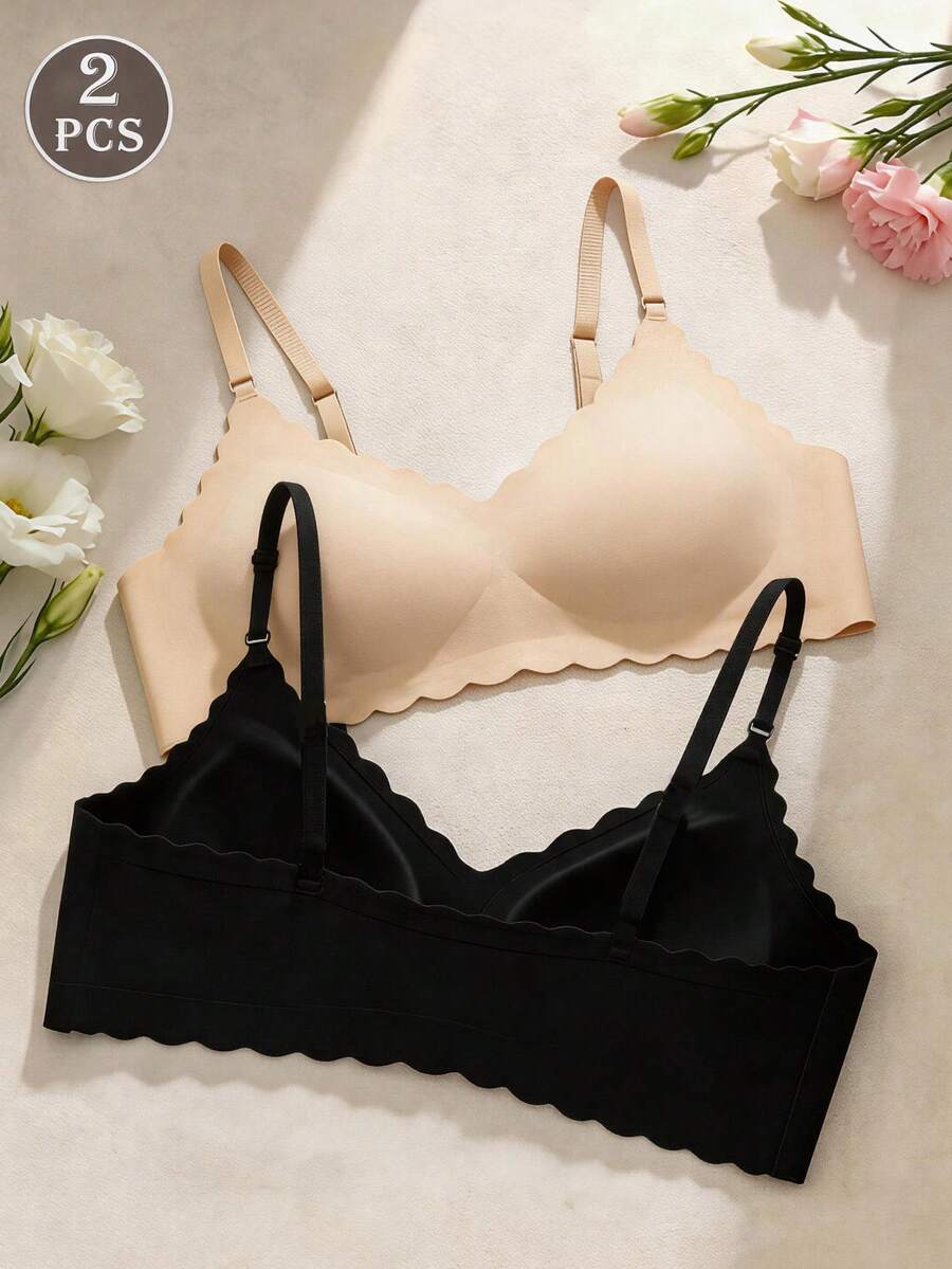 2pcs Women's Wavy Shell Edge Seamless Black/Nude Soft Breathable Wireless Support Comfortable Daily Bra - Multicolor - View 1