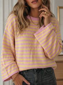 Women Fall Winter Sweater Y2k Going Out Tops Multicolor Sweater, Long-Sleeve Pullover With Stripes, Collegiate Casual Streetwear - Multicolor - View 10